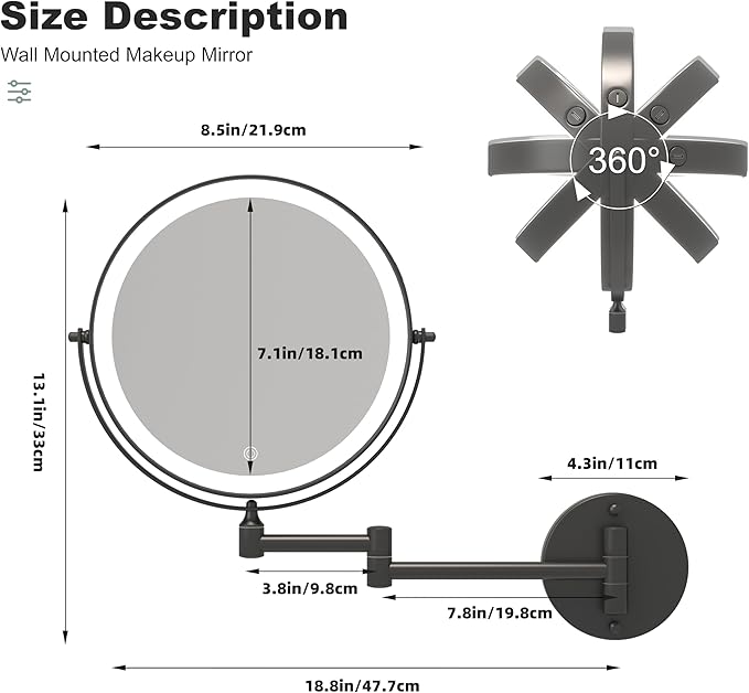 Hasipu 8.5-Inch Wall Mounted Makeup Mirror with Magnification, Rechargeable 2000 mAh Vanity Mirror with Lights, Bathroom Mirror with Dimmable Brightness, 3 Lighting Modes, Extendable Arm, Black