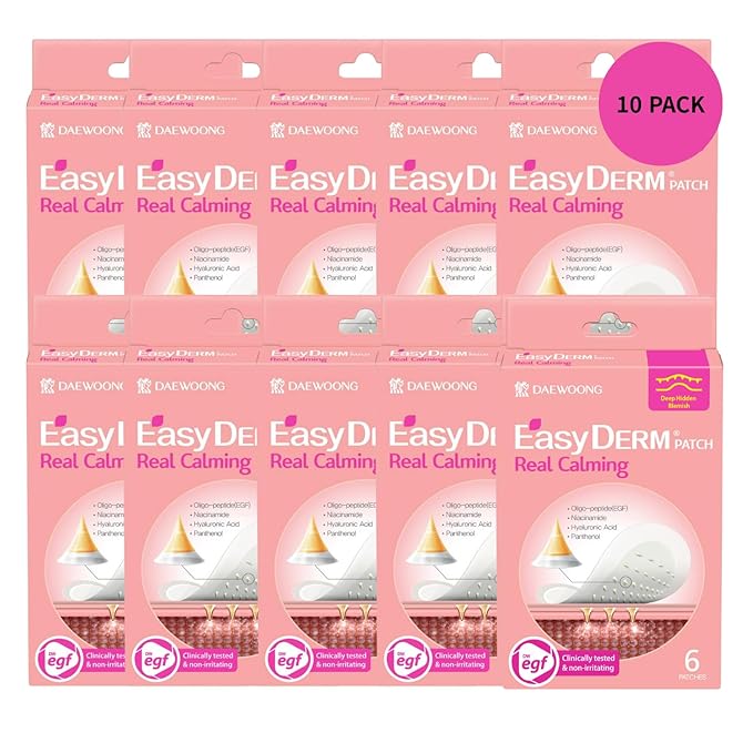Easyderm Real Calming Patch Micropoint Pimple Patches, Niacinamide, Hyaluronic Acid, EGF, K-Beauty Skincare | 10 Packs (60 Total) Micro Piont length : 285μm