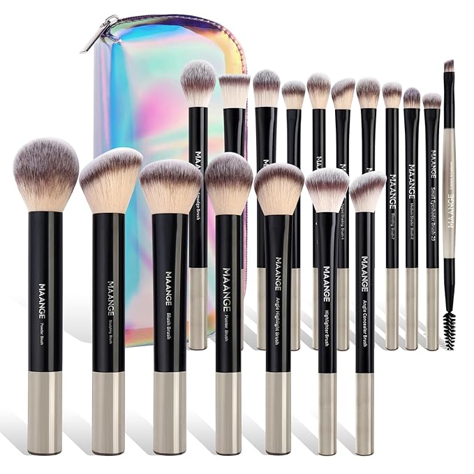 MAANGE 18 Pcs Makeup Brushes with Laser Bag, Premium Synthetic Makeup Brush Set Professional Makeup Tools Eyeshadow Eyebrow Foundation Blush Concealer Face Powder Blending Brushes Kit-Black