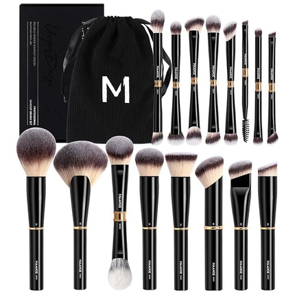 MAANGE Makeup Brushes 16Pcs Professional Foundation Powder Blush Contour Eyeshadows Double-End Makeup Brushes Set with Bag and Gift Box-Black