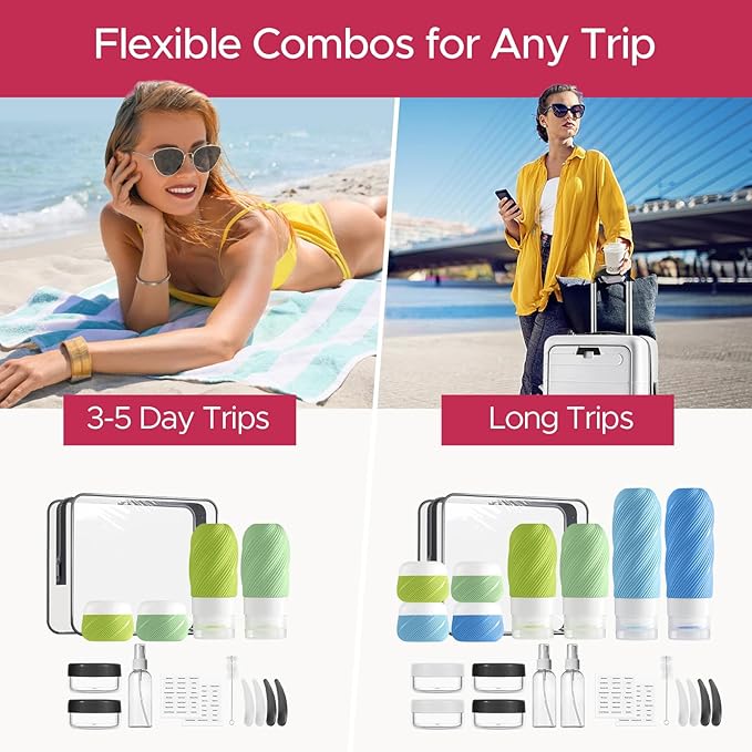 23 Pack TSA Approved Travel Bottles for Toiletries, Leak Proof Refillable Travel Size Containers Kit with Silicone Squeezable Bottles Jars for Shampoo Lotion Conditioner, in Clear Bag, Blue