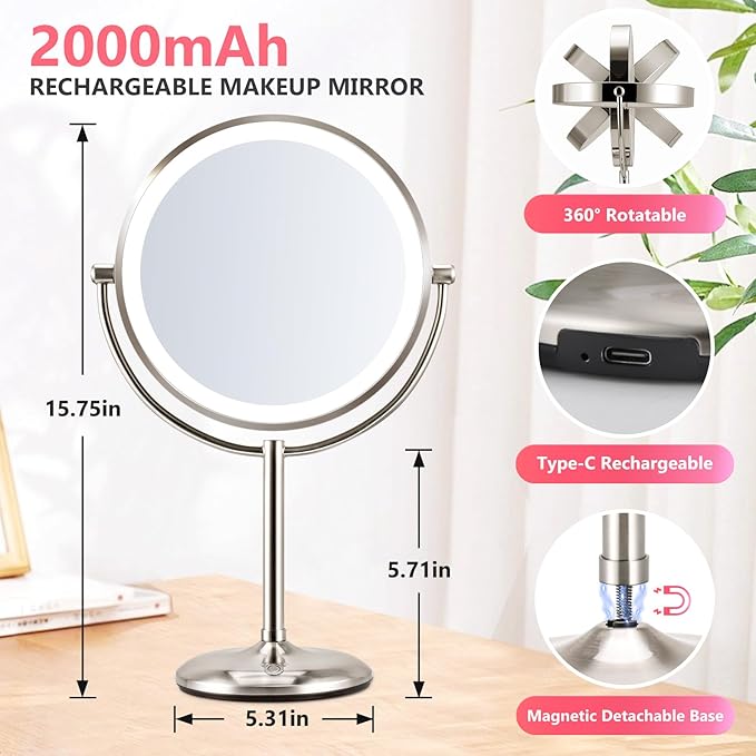 9 Inch Dual-Sided Magnifying Mirror with Lights - 1X/10X Brushed Nickel Makeup Mirror, Touch Control LED Vanity Mirror with Stand, Natural Light Tabletop Cosmetic Mirror for Bathroom
