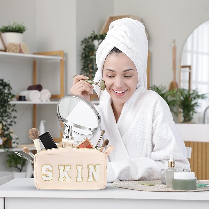 Cunno 4 Pcs Preppy Makeup Bags Chenille Letter Stuff Bag Nylon Cosmetic Pouch Cases with Zipper for Women Travel Toiletry