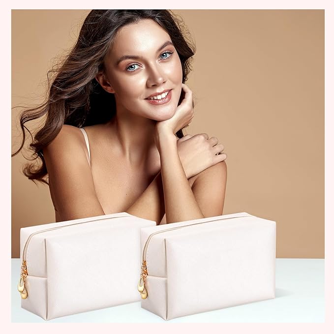 Cunno 50 Pcs Makeup Bag Bulk PU Leather DIY Cosmetic Plain Preppy Makeup Pouch Portable Waterproof Toiletry Bags for Women Travel Pencil Case Cosmetic Organizer, Ivory White