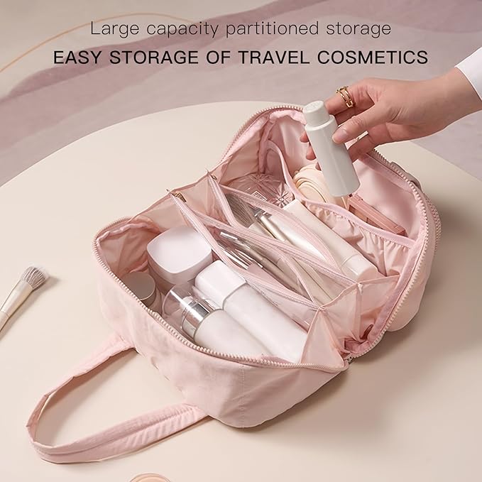 Makeup bag, Large Capacity Cosmetic Bag for Women, Portable Wide-open Toiletry Bag, Travel Makeup Bag with TPU Compartments for Accessories, Essentials, Toiletries, Makeup Brush Bag, Pink