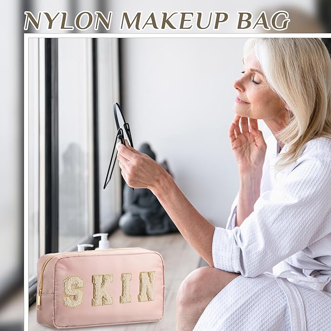 Cunno 4 Pcs Preppy Makeup Bags Chenille Letter Stuff Bag Nylon Cosmetic Pouch Cases with Zipper for Women Travel Toiletry