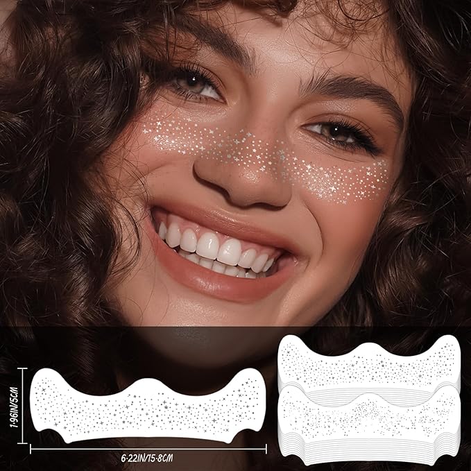 24PCS Face Makeup Patches, Silver Glitter Freckles Face Tattoo, Glitter Freckles, Sparkle Makeup Patches, Waterproof Face Glitter Speckles Patches for Women