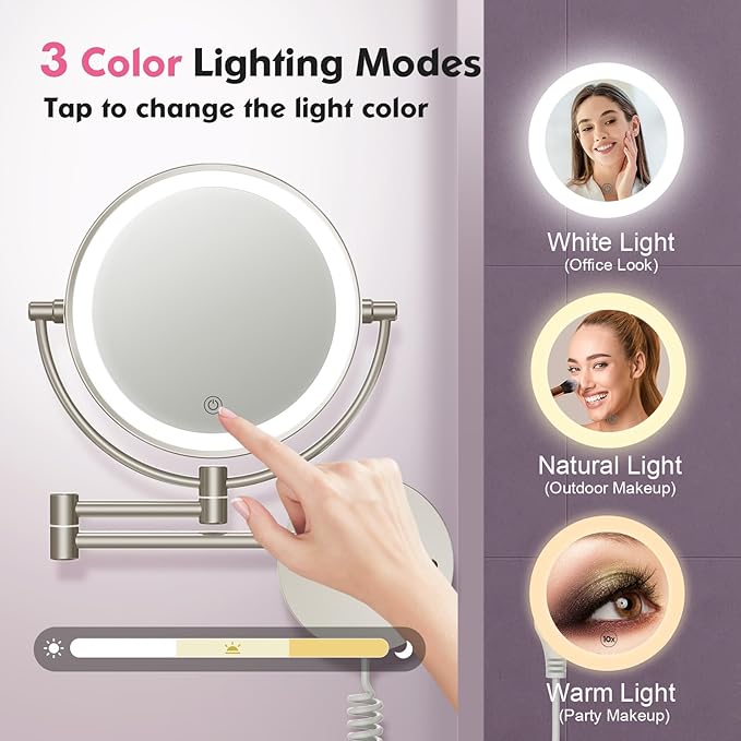 FASCINATE Upgraded Wall Mounted Makeup Mirror with Lights, Super Large Double Sided 1X/10X Magnifying Mirror for Bathroom, 360° Swivel Extendable Plug Touch Sensor Vanity Mirror