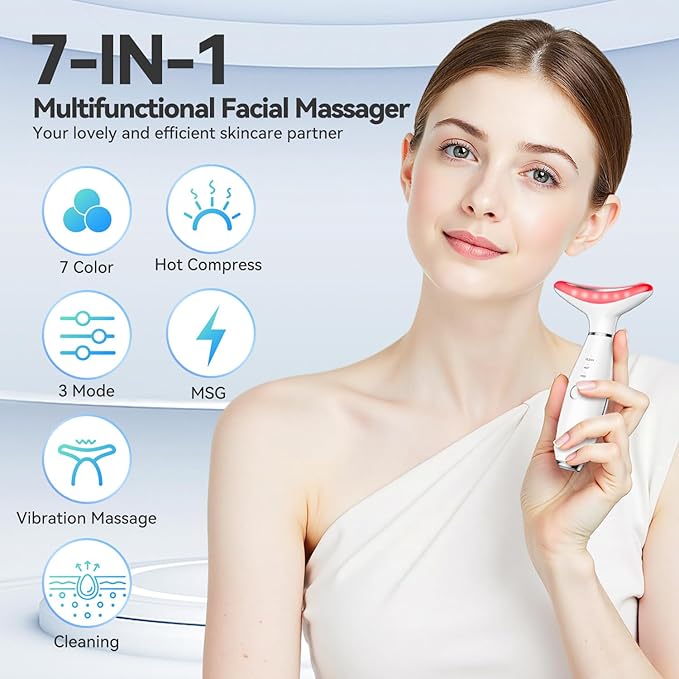 7 Color Neck Face Massager Tool, Facial Massager for Skin Care at Home, Face Sculpting Tool with Thermals, Vibration (White)