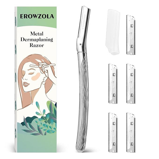 Eyebrow Razor, Face Razors for Women and Men, Reusable Metal Handle with 6 Refill Blades, Eyebrow Trimmer with Precision Cover, Dermaplane Razor, Skin Care Tool - Shiny Silver
