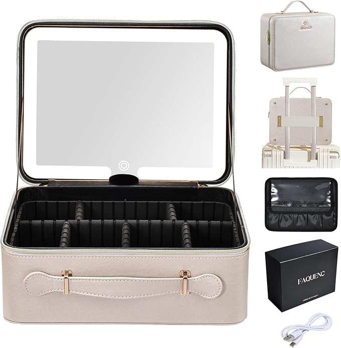 Leather Makeup Case with LED Lighted Mirror 11.4 Inch Travel Makeup Bag Adjustable Brightness in 3 Colors Cosmetic Organizer Artist Storage Bag with Dividers Brush Holder Bag Vanity Pale Gold