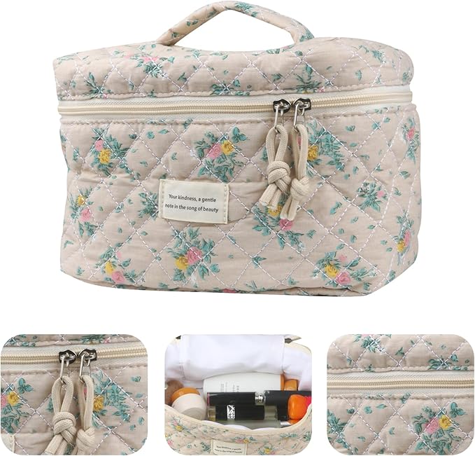 VIWIME Makeup Cosmetic Bag, Large Cotton Quilted Travel Coquette Aesthetic Cute Floral Make up Bag for Women Toiletry Bag Organizer(Yellow&Red Rose/4Pcs)