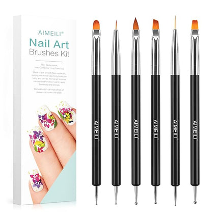 AIMEILI Nail Dotting Tools for Gel Nail Polish Nail Art, 6PCS Double-ended Liner Brushes Design Pen French Nail Brush DIY Manicure Tools Gift