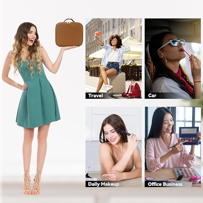 Travel Makeup Bag with LED Mirror and 10x magnifying glass with 3 Lighted Settings, Adjustable Dividers and Makeup Brush Storage Bag Brown