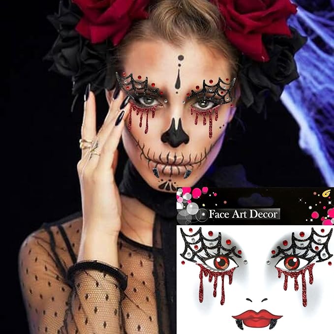 3 Pcs Halloween Face Stickers for Women, Bats and Spider Webs Face Gems Jewels,Day of the Dead Rhinestone Face Jewels Glitter Face Tattoo Stickers for Halloween Rave Party Cosplay