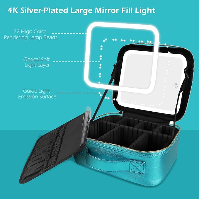 MOMIRA Travel Makeup Bag Cosmetic Bag Makeup Organizer Bag with Lighted Mirror, Adjustable Brightness in 3 Color Scenarios, Waterproof Makeup Train Case, Gift for Women - Brilliant Blue