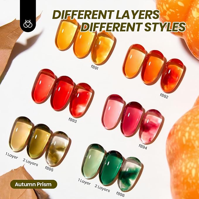 Beetles Jelly Gel Nail Polish Set - Autumn Prism Jelly Gel Polish, 6 Colors Fall Gel Polish Kit Yellow Orange Burgundy Red Purple Green Sheer Translucent Soak off UV Nail Art Manicure Gift for Women