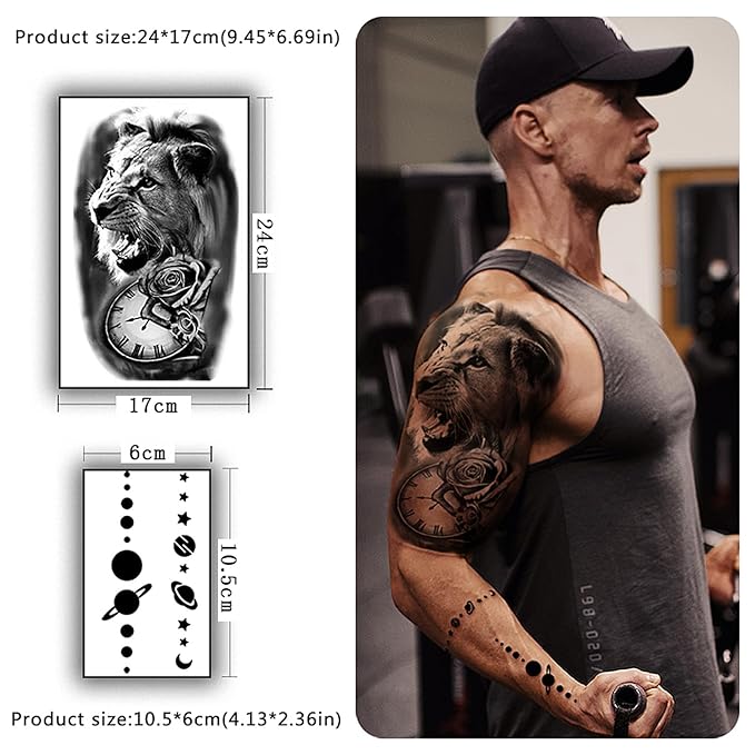 Yazhiji 32 Sheets Temporary Tattoos Stickers, 8 Sheets Fake Body Arm Chest Shoulder Tattoos for Men Women with 24 Sheets Tiny Black Temporary Tattoos