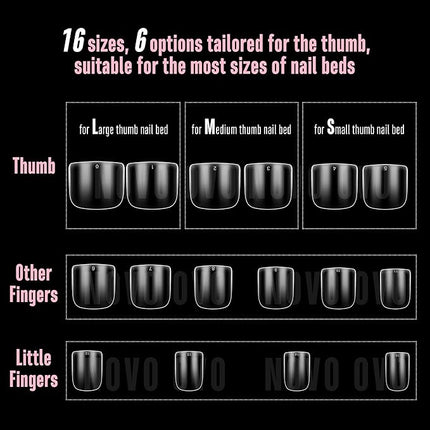 NOVO OVO Extra Short Nail Tips for Men and Women with Wide and Short Nail Beds, Thick Square Round Full Cover False Nails Press on, Soft Gel for Acrylic Fake Nails Extension kit 16 Sizes x 640pcs