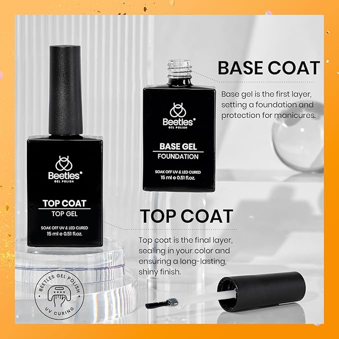 Beetles 4 Pcs 15ml Gel Top Coat and Base Coat Set with Nail Dehydrator and Primer Professional Nail Prep Acid-Free & Hema-Free Dehydrate Bond Primer Set for Acrylic & Gel Nail Polish Fall Nail Gifts