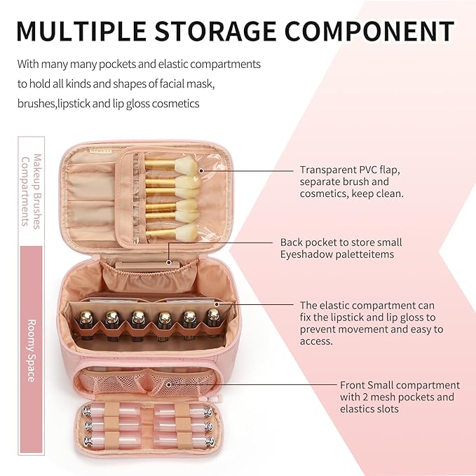 OCHEAL Makeup Bag, Multifunctional Make Up Bags Large Compact Makeup Organizer Bag Cosmetics Toiletry Brushes Storage Case for Women Girls Makeup Case with Handle Divider-Pink