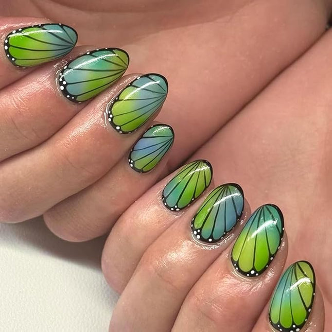 Short Press on Nails Oval Fake Nails with Cute Butterfly Designs Black Nails Press ons Yellow Green Gradient Acrylic Glue on Nail Spring Summer for Women 24 Pcs