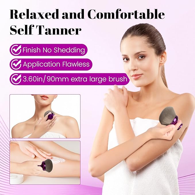 Extra Large Body Makeup Brush For Self Tanner,Makeup Brush For Self Tanner Face Leg,90mm Self Tan Back Applicator,3.6in Sphere Kabuki Brush For Bronzers Blend Self Tanning with Drawstring Bag Purple