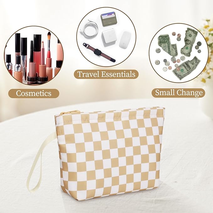 Ethereal Small Makeup Bag, Checked Travel Makeup Bag with Makeup Brush Holder, Cosmetic Bag Black Make up Pouch for Women/Girls