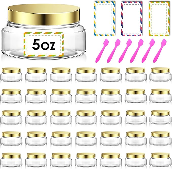 36 Pack 5 oz Plastic Cosmetic Containers With Lids Refillable Clear Empty Travle Jars Containers for Body Butter,Sugar Scrubs,Cream,Lotions,Candy, Waterproof Label&Spatulas - (Gold)
