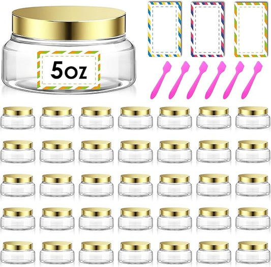 36 Pack 5 oz Plastic Cosmetic Containers With Lids Refillable Clear Empty Travle Jars Containers for Body Butter,Sugar Scrubs,Cream,Lotions,Candy, Waterproof Label&Spatulas - (Gold)