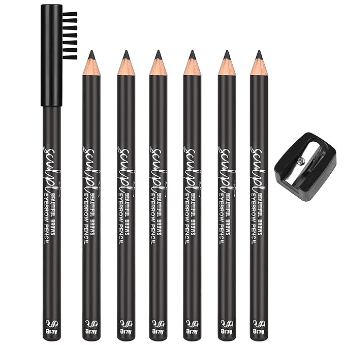 6Pcs Eyebrow pencil wooden，Brow Kit with Brush and Sharpener，Eyebrow Pencils for Women，Fine Tip Eye Brow Eye Liner for Eye Makeup,Shapes, Defines, Fills Brows (Gray ash-05)