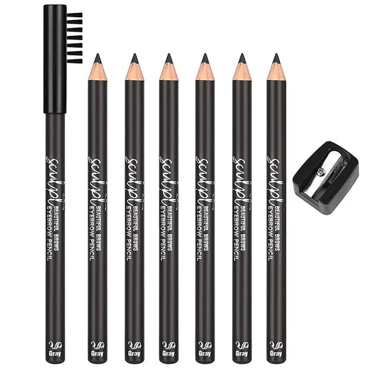 6Pcs Eyebrow pencil wooden，Brow Kit with Brush and Sharpener，Eyebrow Pencils for Women，Fine Tip Eye Brow Eye Liner for Eye Makeup,Shapes, Defines, Fills Brows (Gray ash-05)