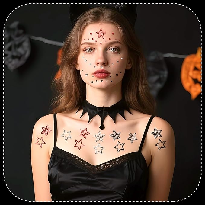 Halloween Face Gems 6 Sheets Hair Gems, Self Adhesive Face Jewels Stickers, Red Black Round Star Festival Face Gems Stick on, Halloween Rhinestone for Face, Eye, Makeup, Rave Accessories for Women