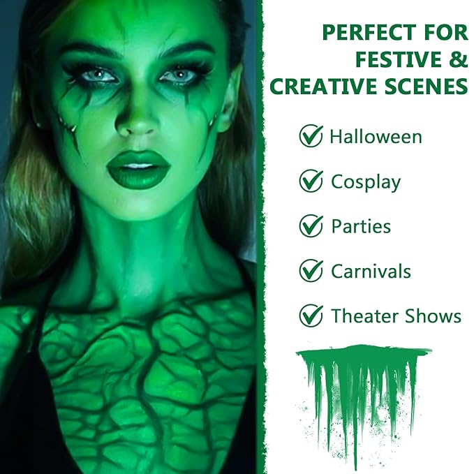 Green Face Body Paint Kit for Kids & Adults, Non-Toxic Water-Based Professional Face Painting Palette with Brushes for Halloween Clown Goth Vampire SFX Makeup, Art Stage Cosplay Parties