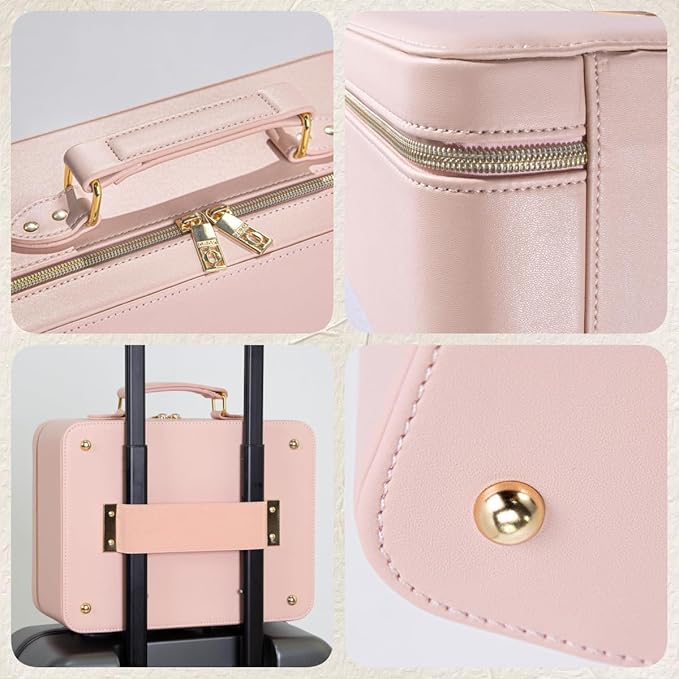 Makeup Bag with LED Mirror, Portable Makeup Artist Organizer Case with Lighted Mirror, Travel Makeup Bag for Women Cosmetic Brush Holder Storage, Pink Makeup Gift for Girls