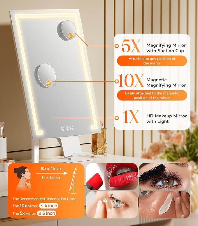 Gospire Hollywood Lighted Makeup Mirror, 4000mAh Rechargeable Vanity Mirror, 3 Color Modes Lighting Mirror with Magnification 5X/10X, Touch Control&Phone Holder, LED Desktop Mirror for Bedroom