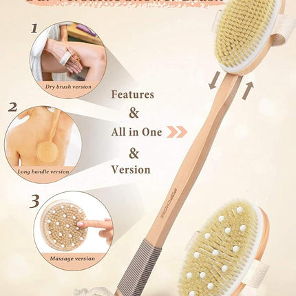 Dry Brushing Body Brush, POPCHOSE Body Scrubber for Men Women, Back Scrubber for Shower, Natural Bristle Exfoliator Scrubber for Body Cellulite and Lymphatic, Long Handle, Detachable, Dual Brush Heads