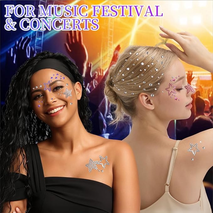 Teenitor Star Face Stickers Star Face Gems For Kids Women, Self Adhesive Face Rhinestones Hair Gems for Face, Body, Hair Makeup, Star Accessories Face Jewels For Women Kids