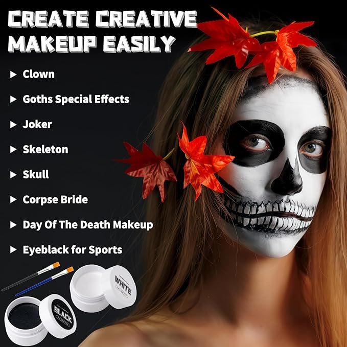 TonJin Black + White Face Body Paint Set 3.5oz/100g, Non-Toxic Professional Facepaint Makeup Kit with 2 Brushes for Kids & Adults Art Theater Halloween Party Cosplay Clown Corpse Goth SFX Makeup