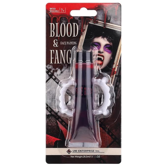 Fake Blood + Vampire Teeth Halloween Makeup Set, 1 OZ Washable Bright Fake Blood, Halloween White Teeth Fangs Teeth for Halloween Cosplay Party Favors