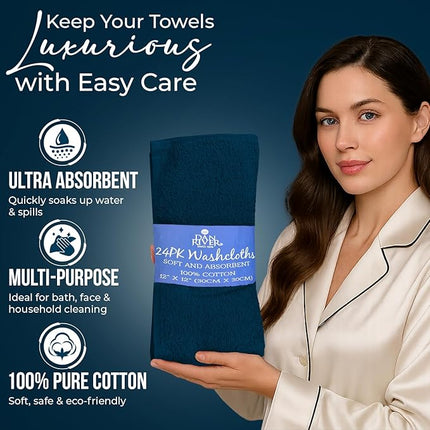 DAN RIVER 24 Pack Wash Cloths for Showering [12x12] - 100% Cotton Washcloths Premium Quality Flannel Face Cloths for Bathroom, Highly Absorbent and Soft Feel Wash Clothes, Blue Opal