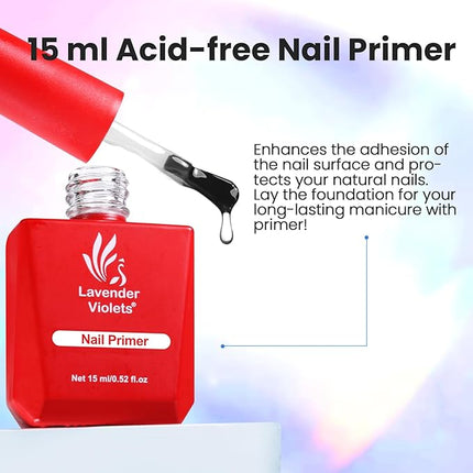 Lavender Violets 15ml Nail Primer for Gel Nail Polish, Fast Air Dry, Acid-Free Dehydrator Base Bond Foundation A108