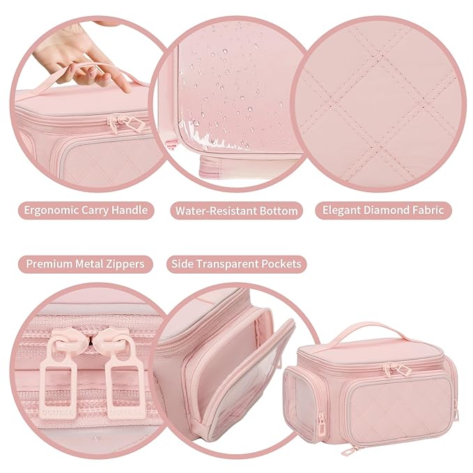 OCHEAL Large Makeup Bag,Cosmetic Organizer for Women with Zipper Pouch and Side Pocket, Multifunctional Compartments and Dividers,Travel Makeup Case for Toiletries, Brushes & Beauty Tools-Pink