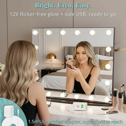 LUXFURNI Hollywood Glamour Vanity Mirror with 4 Extra Bottom Bulbs | Shadow-Free, Perfect Makeup View | Desk & Wall Mountable | 3 Color Modes for Office, Outdoor, Party Looks | USB Charging