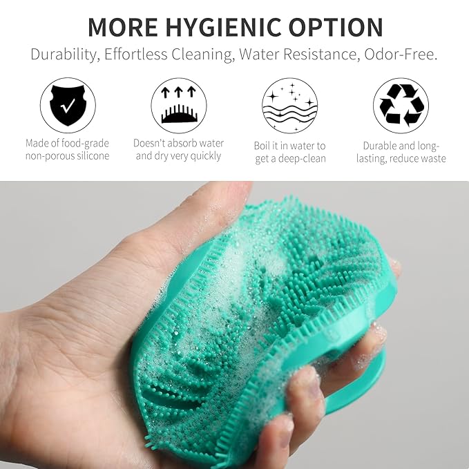 Silicone Body Scrubber 2 Pack, Gentle Bristles Shower Bath Brush, Lather Nicely, Soft Massage Body, More Hygienic Than Loofah, Gentle Exfoliating for Sensitive Skin, Green+Black