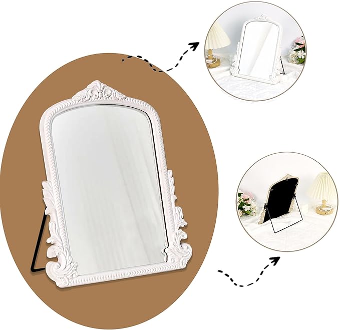 11.8" x 9.6" Small White Arched Vanity Mirror, Vintage Makeup Mirror Baroque Style Arendahl Carved Mirror with Frame for Desk Decorative Table Aesthetic for Dresser,Bedroom,Living-Room