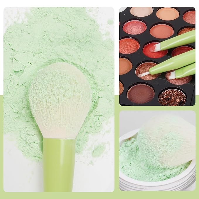 Green Makeup Brushes 18PCS – Complete Make Up Brush Set with Soft Fiber Bristles, Painted Aluminum Ferrules, Non-Slip Rubber Handles, Storage Mesh Pouch & 2 Blender Sponges