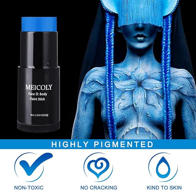MEICOLY Blue Face Body Paint Stick(1.06 Oz), Scary Clown Blue Makeup Face Paint,Blue Eye Black Baseball,Body Paint for Halloween Special Effects Smurf Mystique Cosplay Avatar SFX Makeup