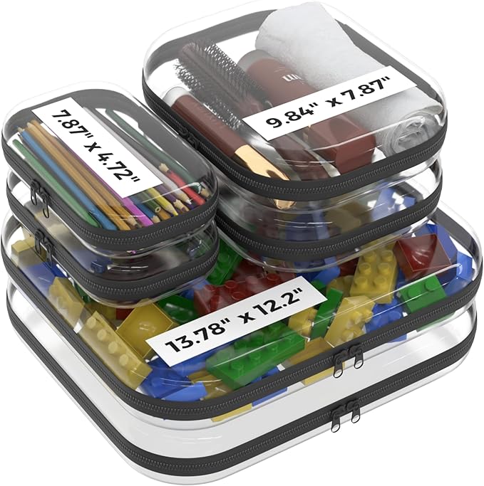 Extra Large 13.7" Durable Clear Travel Organizer Bags 6 Pack, 2x Large, 2x Medium, 2x Small, Clear Hard Shell Zipper Case, Hard Plastic Travel Toiletry Bag for Women, Toy & Make Up Organizer Pouch