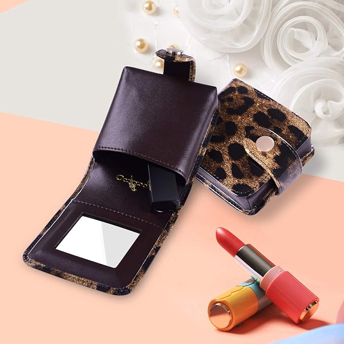 Cockatoo Leather Lipstick Case with Mirror Makeup Holder Portable Small Cosmetic Bag for Women More Colors